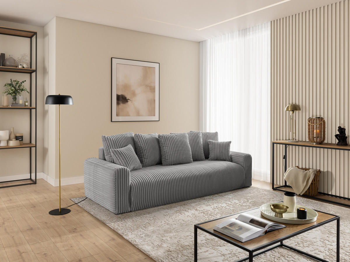 SCHLAFSOFA Calma mit Bettkasten im Bumpy-Design aus weichem Grau Plüschcord - Schwarz/Grau, Holz/Kunststoff (239/88/98cm) - S-Style