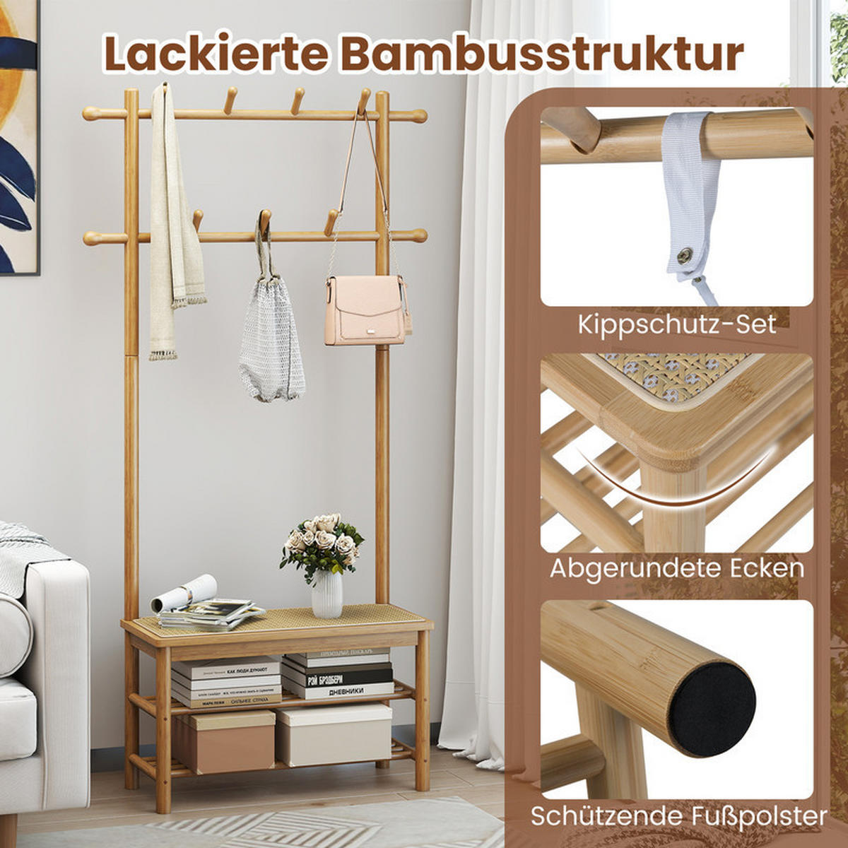GARDEROBENSTÄNDER mit Schuhbank natur - Naturfarben, Naturmaterialien (71/169.5/30cm) - COSTWAY