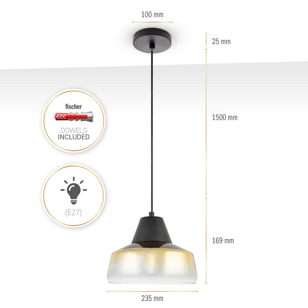 PENDELLEUCHTE Diara - Schwarz, Metall (23.5/23.5/16.9cm) - Paco Home