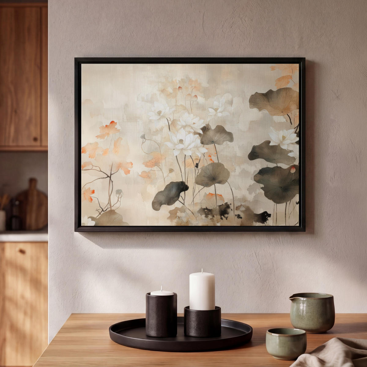 LEINWAND Bilder mit Rahmen - Blumen - Japandi - Wabi sabi - 40x30 - Sandfarben, Textil (40/30cm) - MuchoWow
