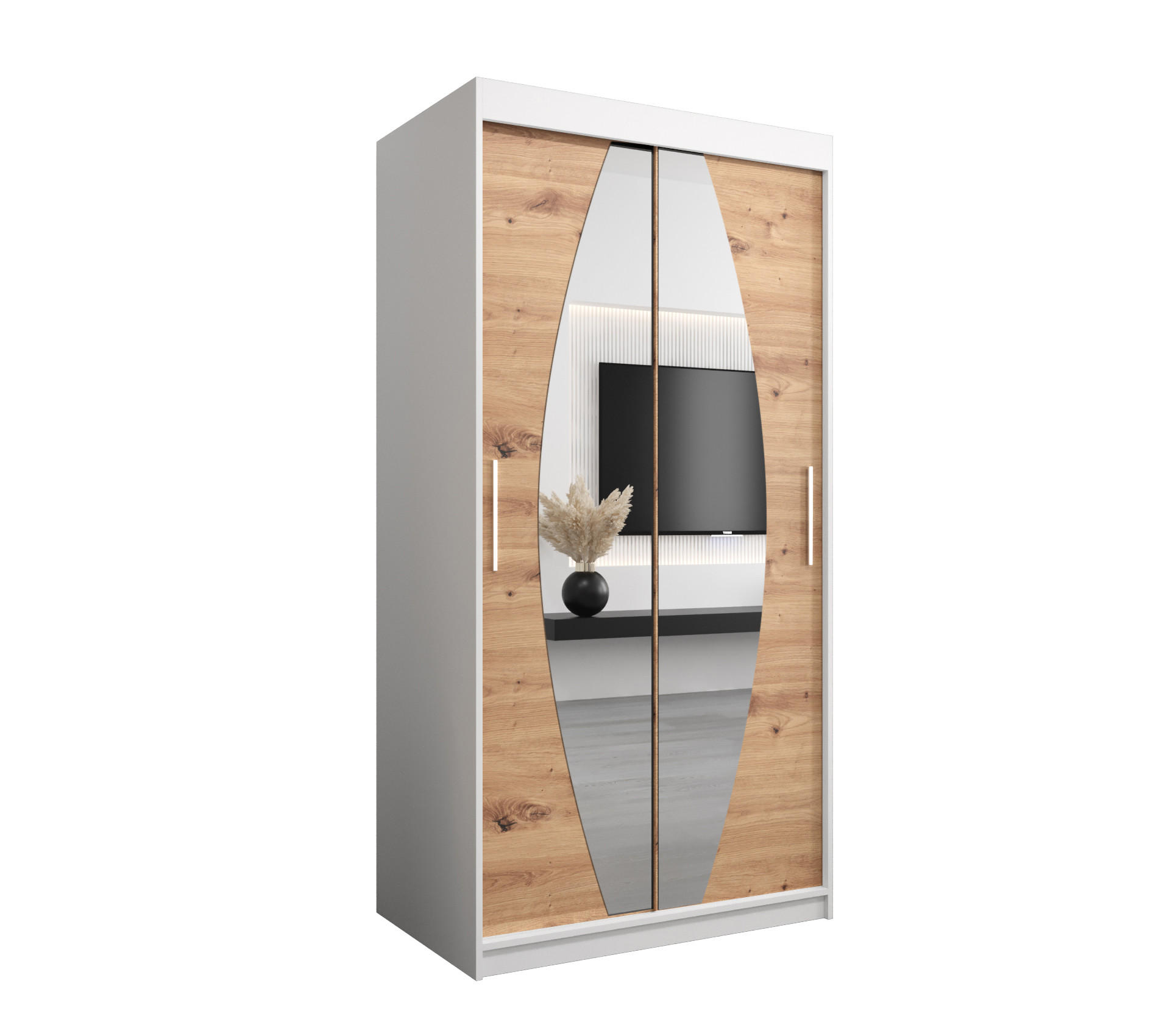 Abiks Möbel Schwebetürenschrank Weiß, Eiche Artisan 100x200x62 cm