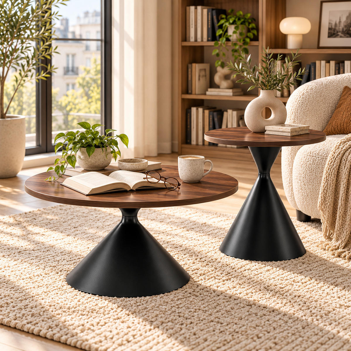 COUCHTISCH Set 2-teilig rund Walnussoptik/Schwarz Melamin Stahl 70/50 cm - Walnussfarben/Schwarz, Metall (70/44.6/40cm)