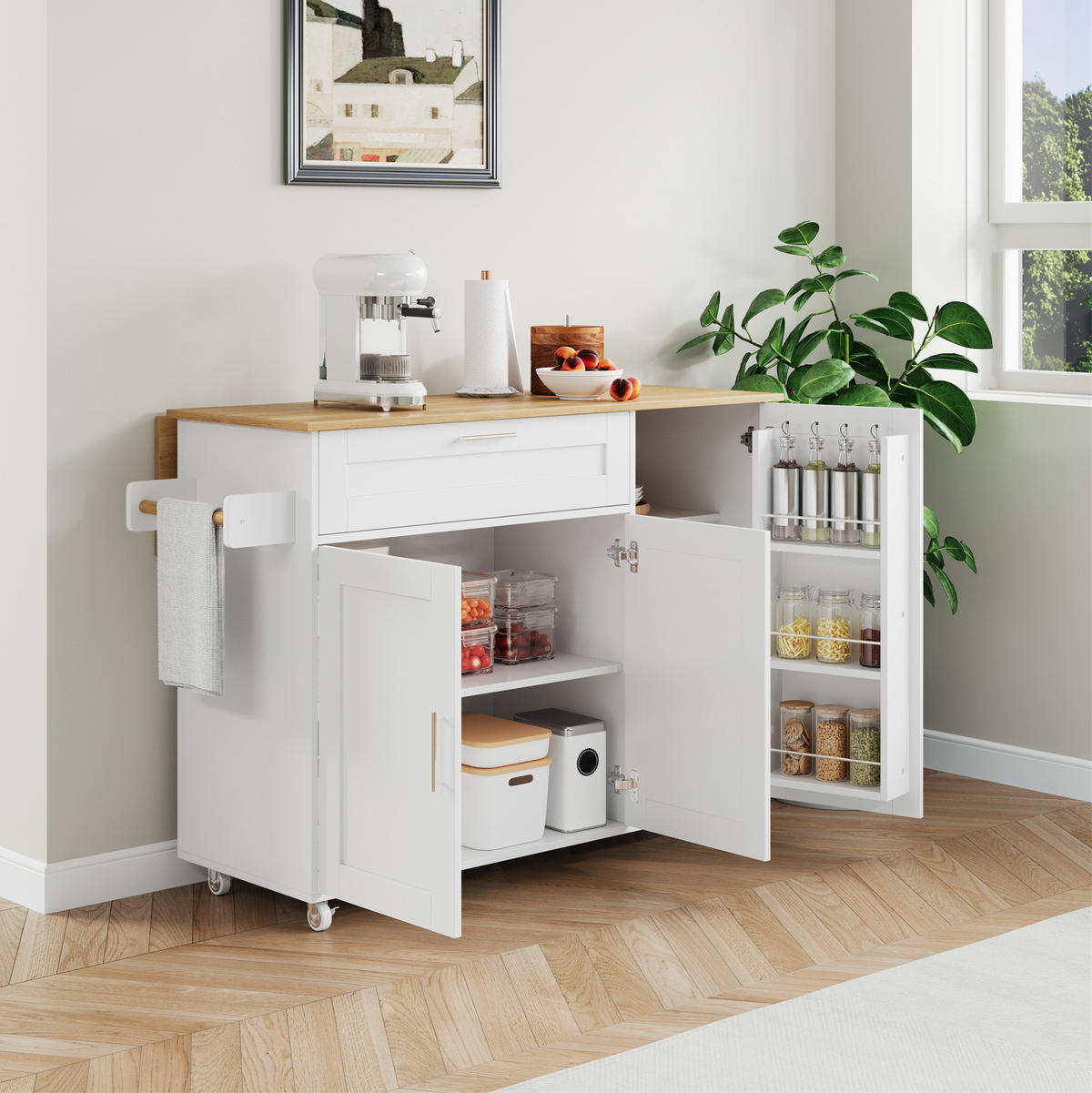 KÜCHENWAGEN klappbar 132,5 x 44(70) x 90 cm Weiß/Natur MDF - Weiß, Holz (44/90/132.5cm) - Beauniv