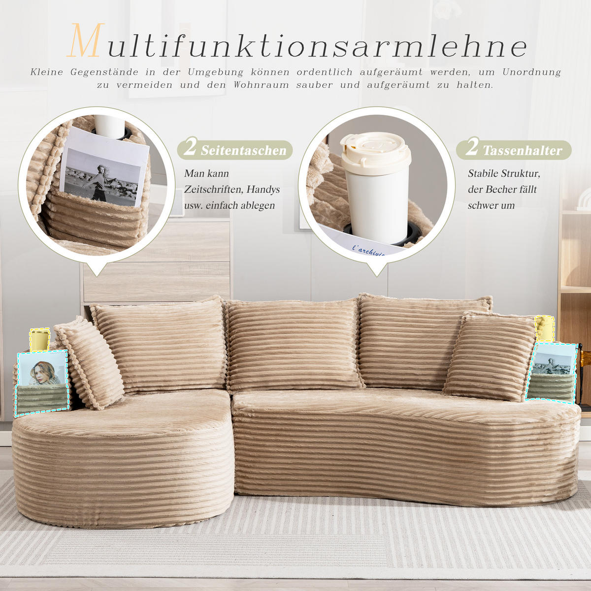 ECKSOFA Cord Khaki mit Becherhaltern, Seitentaschen und mit Kissen - Hellbraun, Textil (250/152cm) - WISHDOR