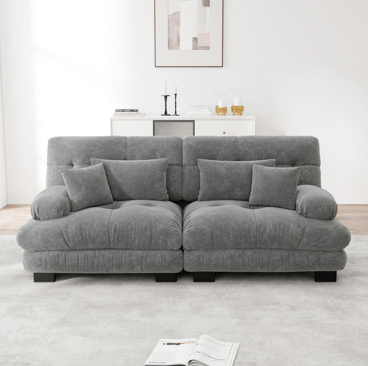 ECKSOFA modular mit Zierkissen und Lendenkissen, Chenille Grau - Grau, Textil (220/77cm) - Redom
