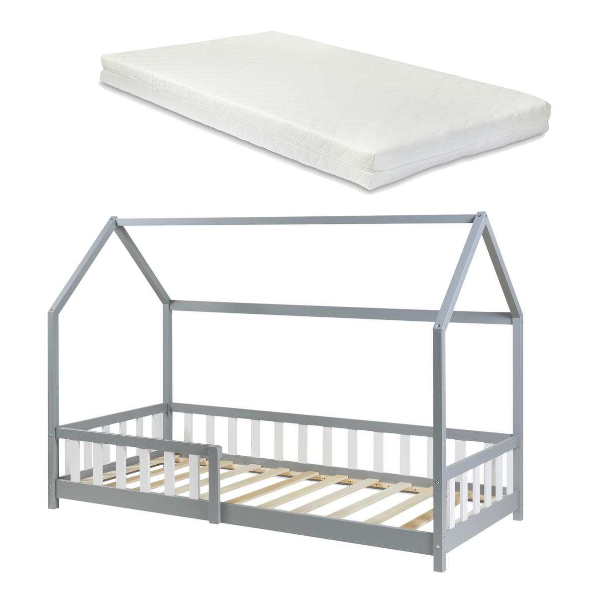 HAUSBETT Hesel mit Matratze - Grau, Holz/Textil (90/200cm) - [en.casa]