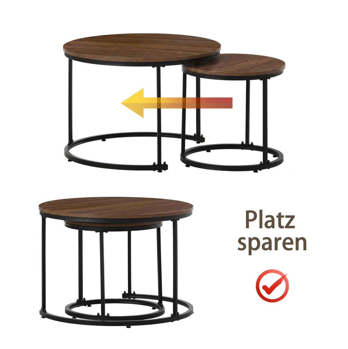 KONFERENČNÍ stolek 70,5/50 a 45,5/44 cm, stohovatelný, moderní design s mramorovým dekorem, Dub - černá/barva dubu, kov/kompozitní dřevo (70.5/70.5/50cm) - Redom