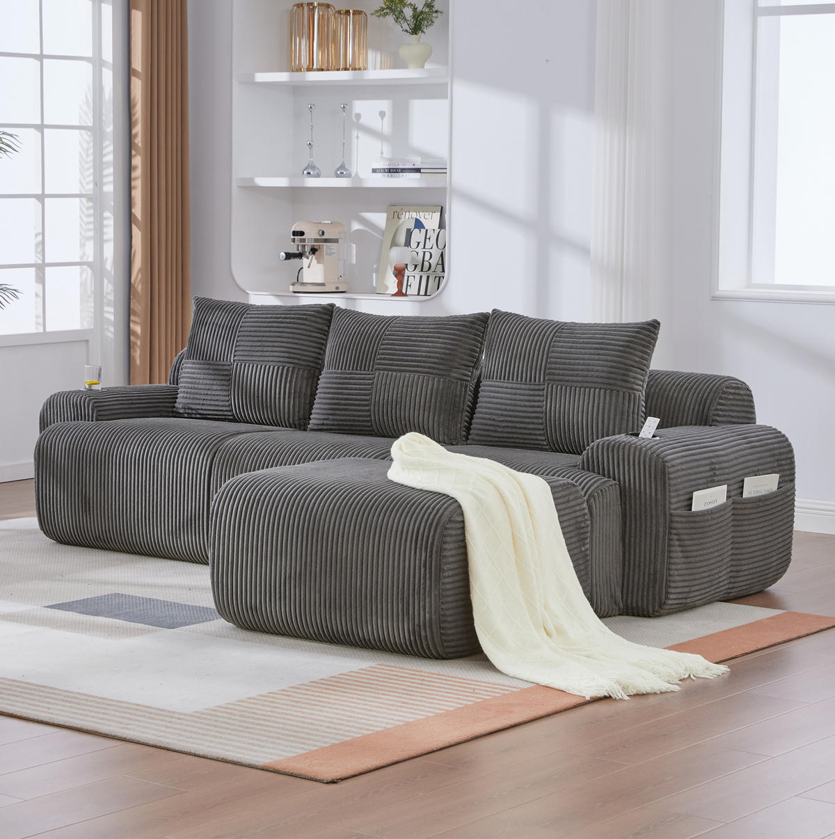 ECKSOFA 268/174/80 cm dunkelgrau aus Cord mit Cupholder - Dunkelgrau, Textil (174/268cm) - OKWISH