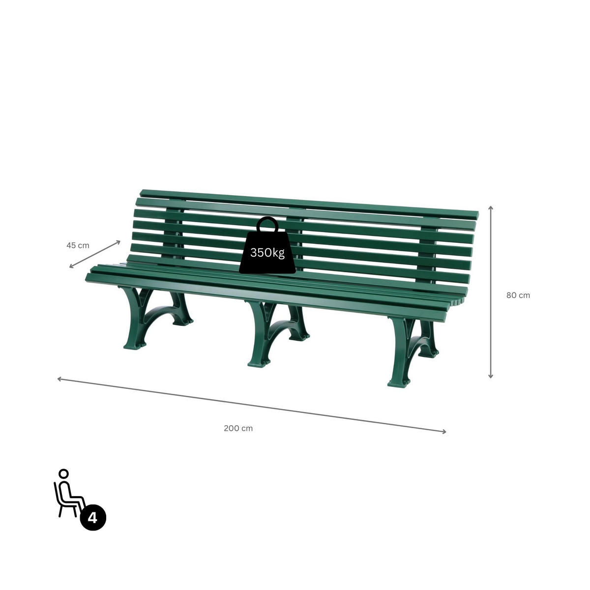 GARTENBANK Jamaika 4 Sitzer Grün 80 x 200 x 64 cm Witterungskunststoff & UV Beständiger Kunststoff - Grün, Kunststoff (200/80/64cm) - PROREGAL