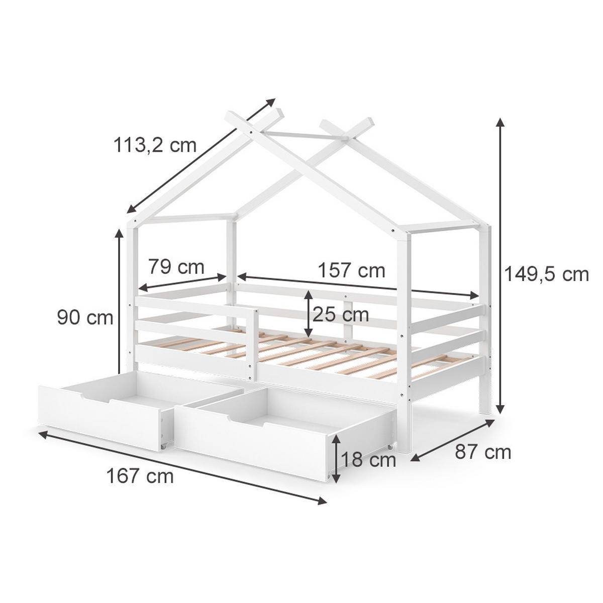 HAUSBETT Luni Weiß 160 x 80 cm mit Aufbewahrungskästen - Weiß, Holz - VitaliSpa