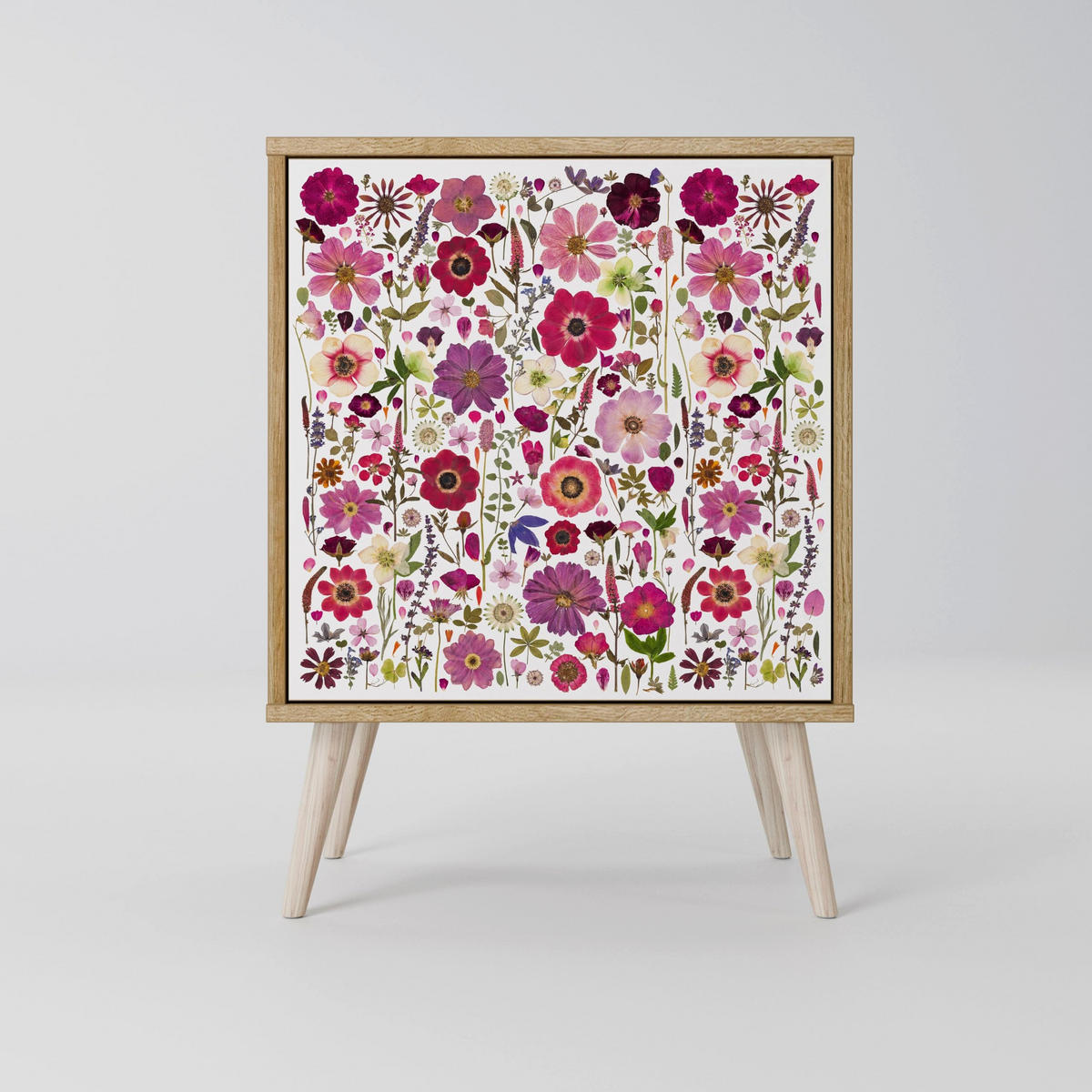 SIDEBOARD PETAL GARDEN, Grau, 57,5x42x77,5 cm, Schräge Buchenholzfüße - Buchefarben/Multicolor, Holzwerkstoff/Buchenholz (57.5/77.5/42cm) - SpaceRebels