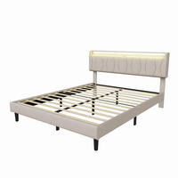 POLSTERBETT 140x200 cm mit LED-Beleuchtung - Kopfteil mit Ladefunktion - Gepolstertes Kopfteil - Beige - Beige, Textil (140/200cm) - DELFA
