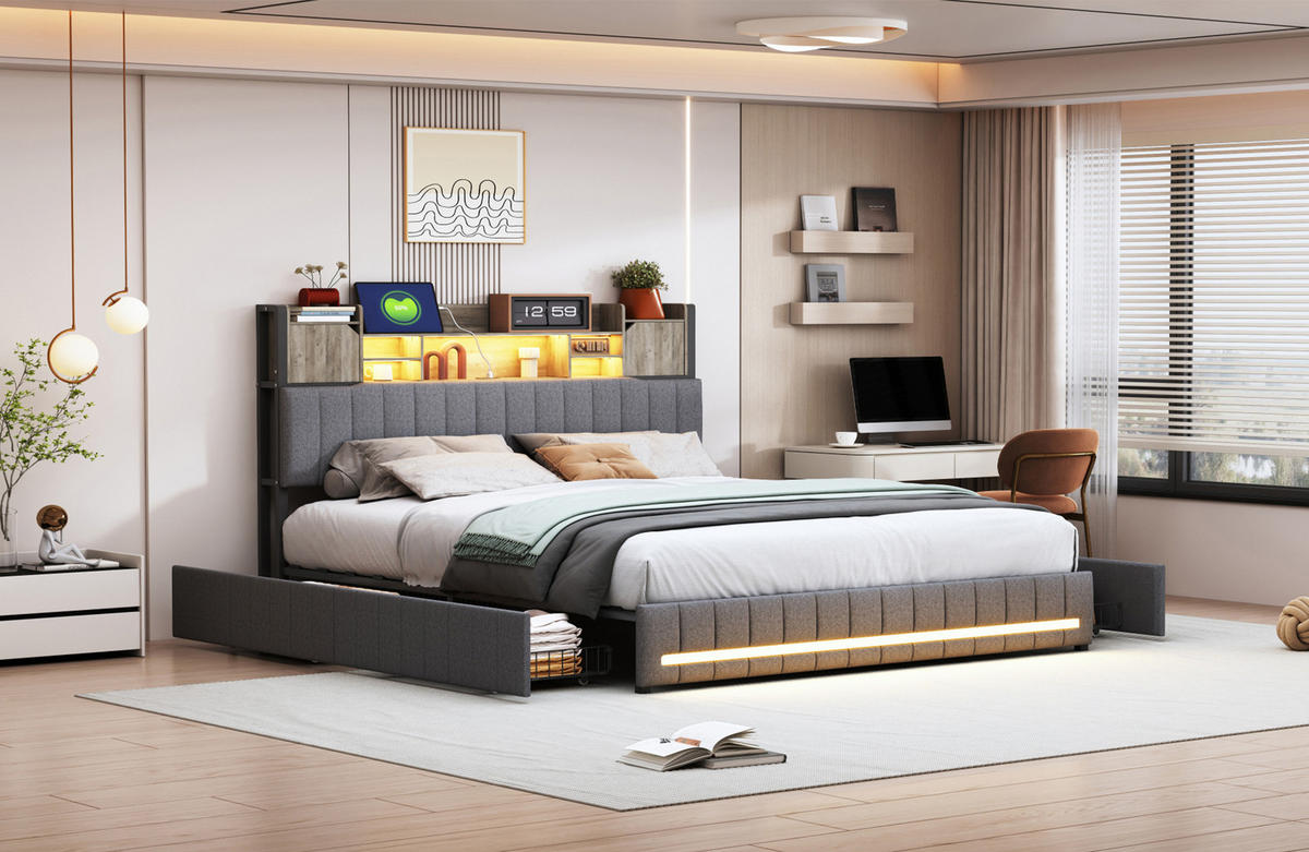 POLSTERBETT 160x200 cm mit LED und USB, Doppelbett mit Lattenrost und Kopfteil, 4 Schubladen, Bett 160x200, Leinenstoff, Grau - Grau, Holzwerkstoff/Textil (160/200cm) - GENKI LIVING