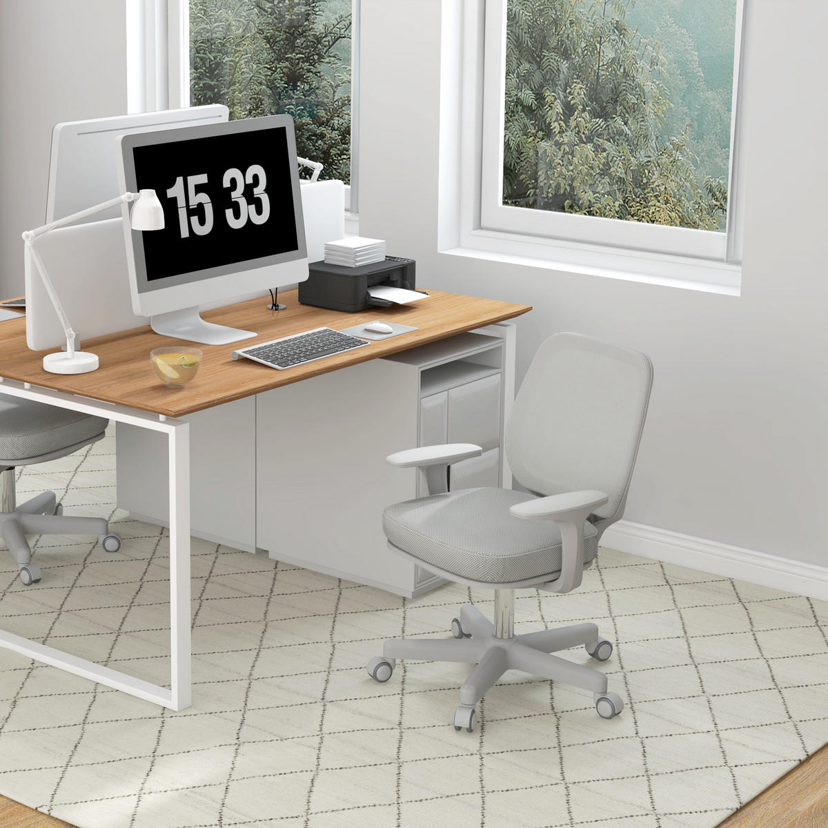 BÜROSTUHL, Ergonomisch Schreibtischstuhl mit Drehfunktion, Höhenverstellbar - Weiß/Grau, Kunststoff (48/94.5/55cm) - Vinsetto