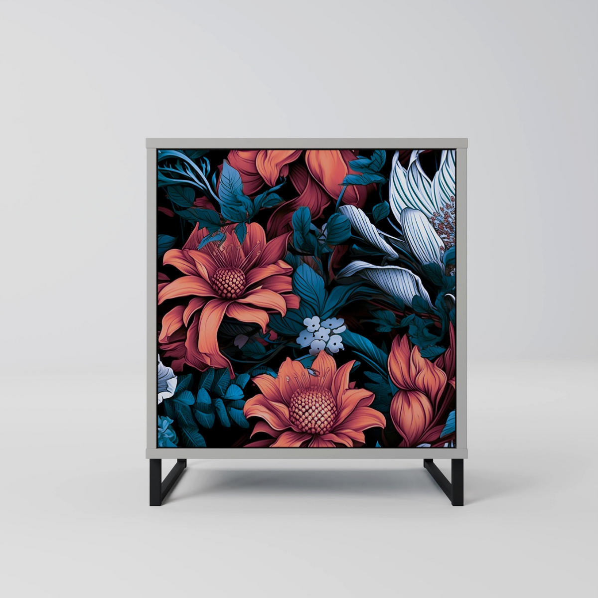 SIDEBOARD ETHEREAL BLOSSOMS, Grau, 57,5x42x72,5 cm, Schwarze Metallfüße - Multicolor/Schwarz, Holzwerkstoff/Metall (57.5/72.5/42cm) - SpaceRebels