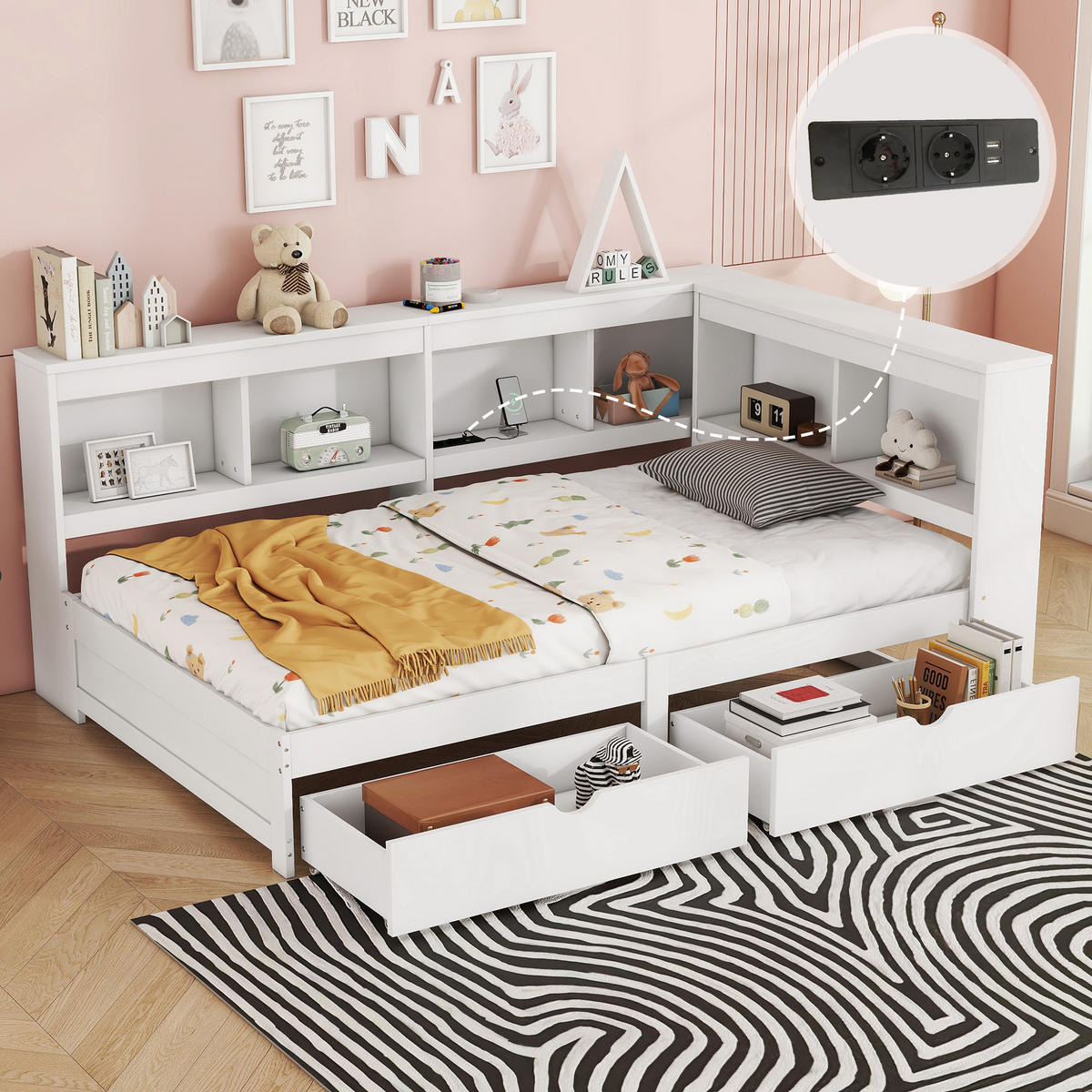 TAGEBETT 90x200cm Weiß Spanplatte 2 Schubladen Steckdose USB - Weiß, Holz (90/200cm) - FLIEKS