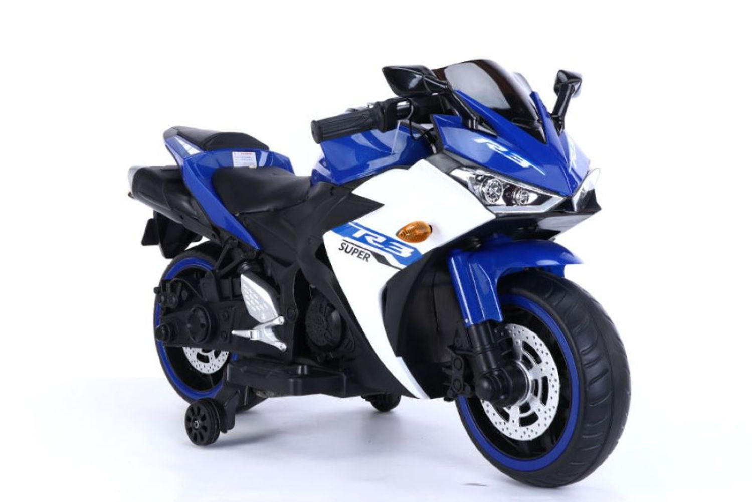 KINDER ELEKTROMOTORRAD 888 blau Stützräder, Musikfunktion, LED-Scheinwerfer, Batterieanzeige - Blau, Kunststoff (118/48/65cm) - Es-Toys