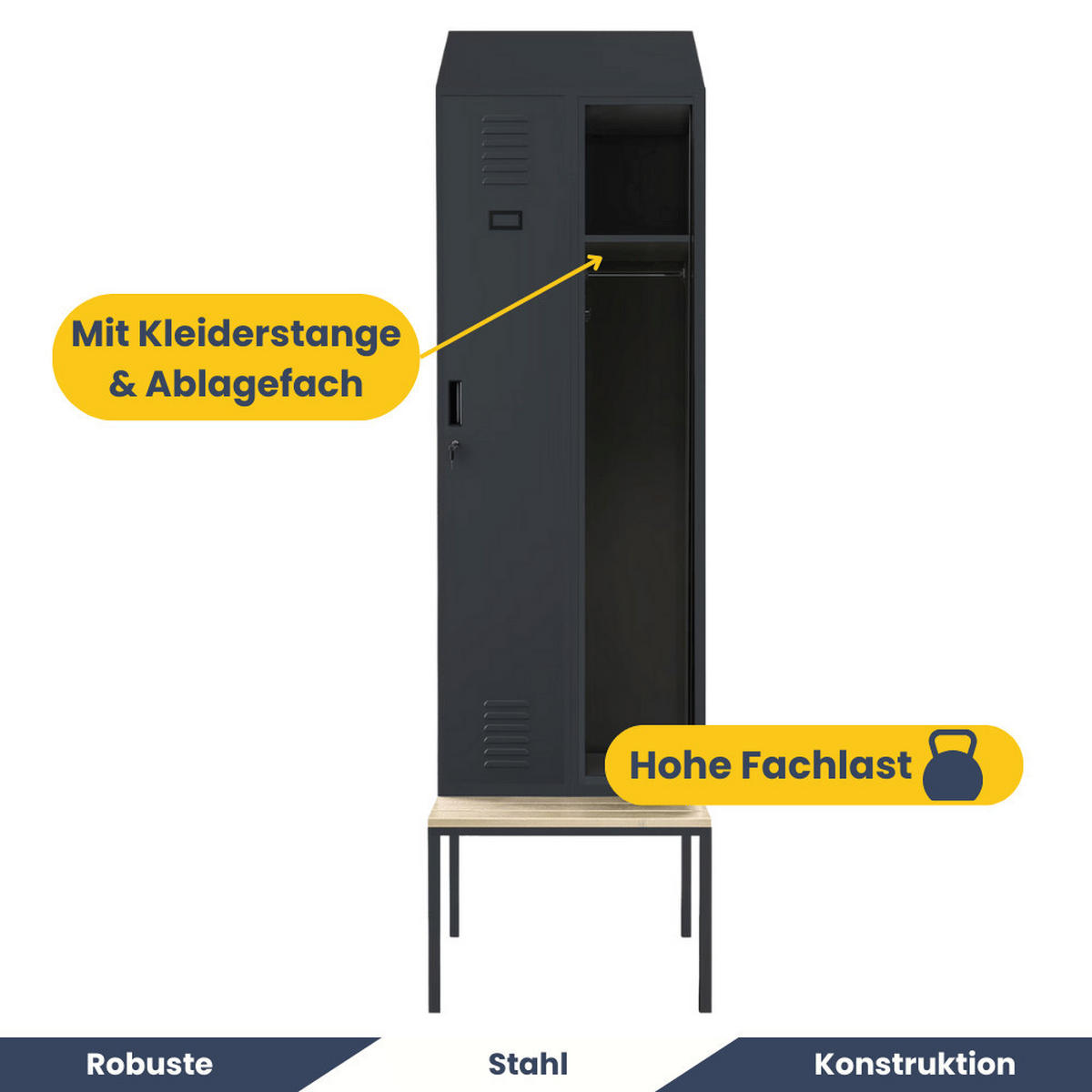UMKLEIDESCHRANK Spind mit Sitzbank BARCA 2 Abteile 229,5x60x85cm Anthrazit - Anthrazit, Metall (60/229.5/85cm) - DELUKE