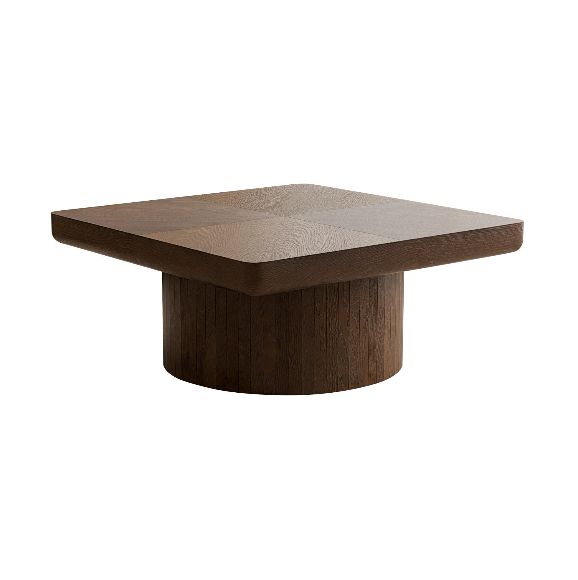 COUCHTISCH 78/78/38 cm walnuss aus Massivholz und MDF mit Parquet-Design und zylindrischem Sockel - Walnussfarben, Holz (78/78/38cm) - OKWISH
