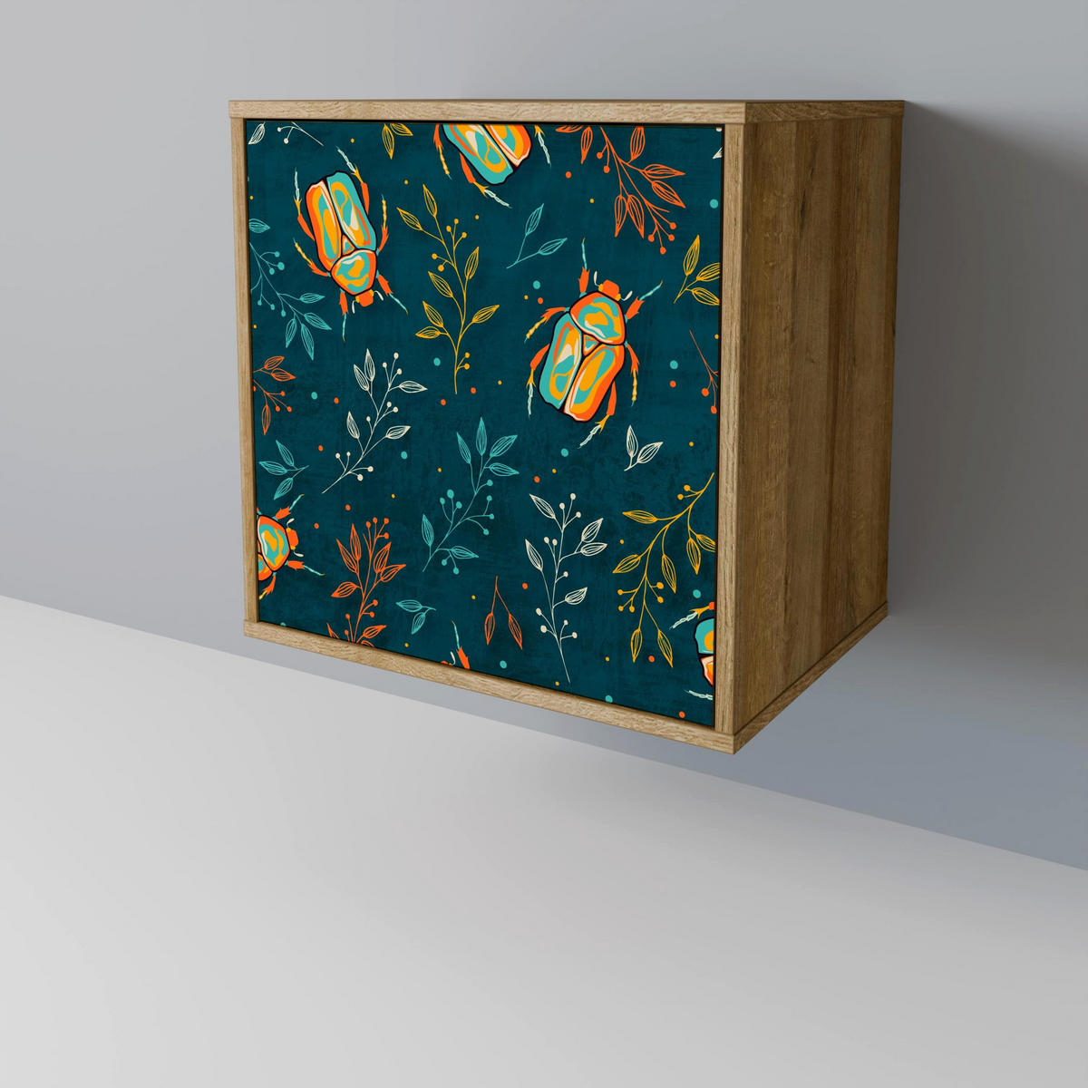 SIDEBOARD AUTUMN INSECTS, Eichefarben, 57,5x42x70,5 cm, Schwarze Metall-Sternfüße - Eichefarben/Multicolor, Holzwerkstoff/Metall (57.5/70.5/42cm) - SpaceRebels