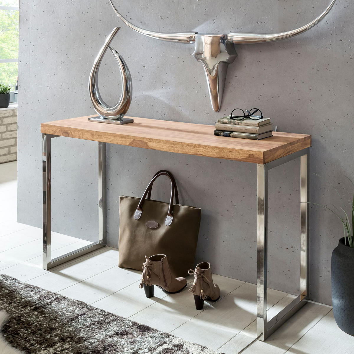KONSOLENTISCH Massivholz Chromgestell Handgefertigt ISEN, Beige 120x45x77 cm - Beige/Silberfarben, Holz/Metall (45/120/77cm) - KADIMA DESIGN