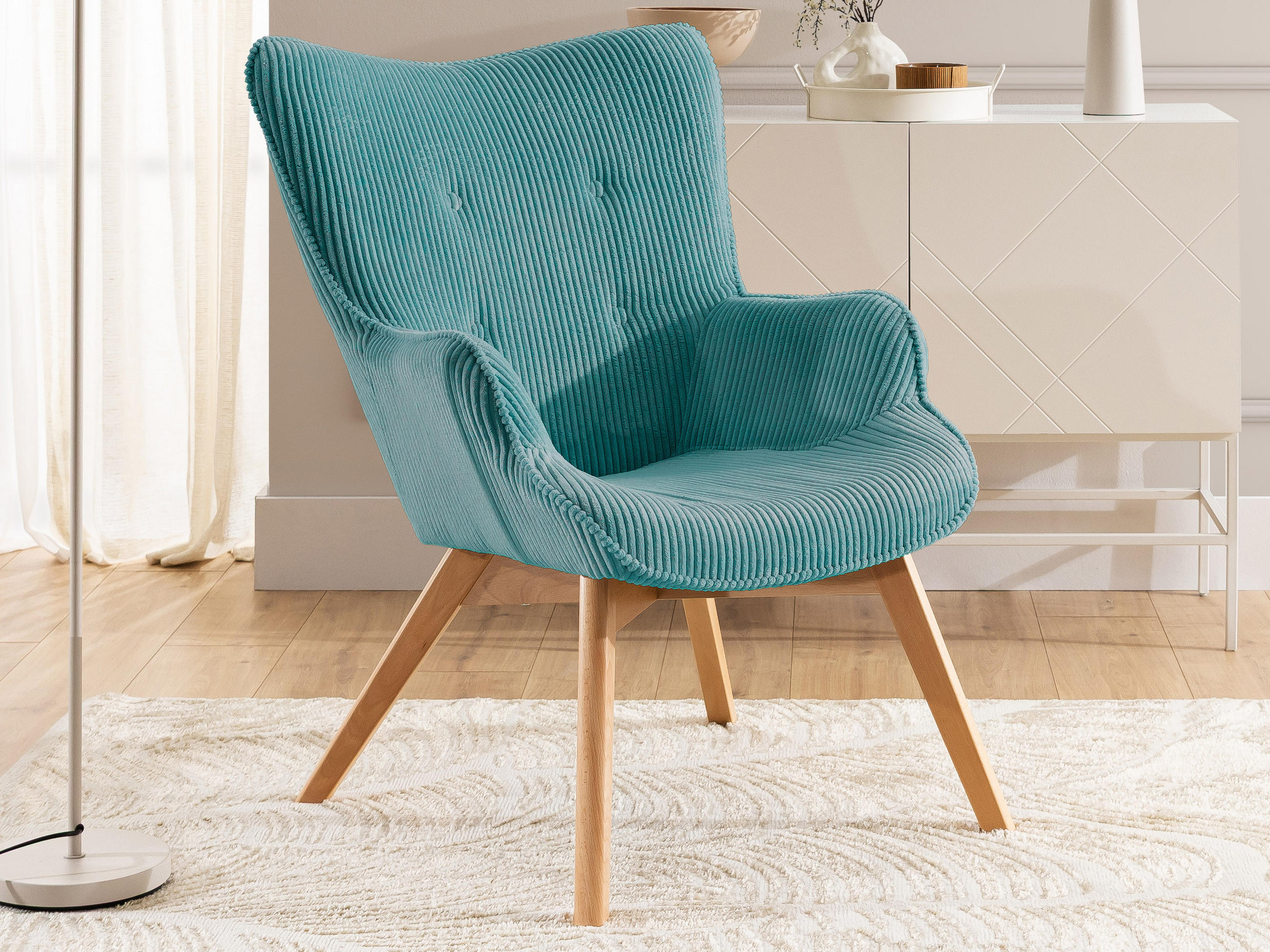 LOUNGESESSEL Lenari Türkis Cordstoff mit Füßen in Natur - Türkis/Naturfarben, Holz/Textil (71/96/86cm) - S-Style Möbel