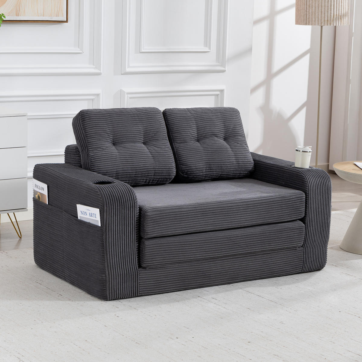 SCHLAFSOFA in Grau Cord mit Getränkehalter und Seitentaschen - Grau, Textil (136/82.5/80cm) - Oxeza