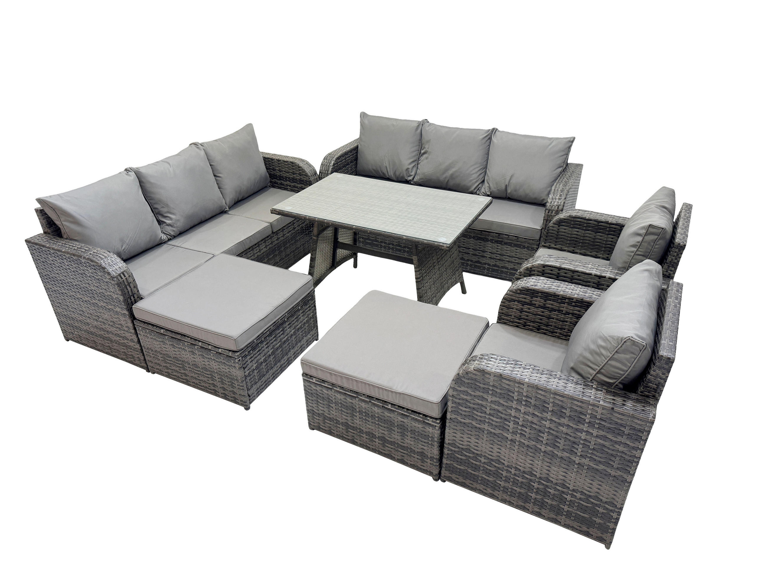 GARTENMÖBELSET mit ESSTISCH,SOFA Polyrattan 11-Sitzer - Dunkelgrau/Grau, Glas/Kunststoff - Fimous