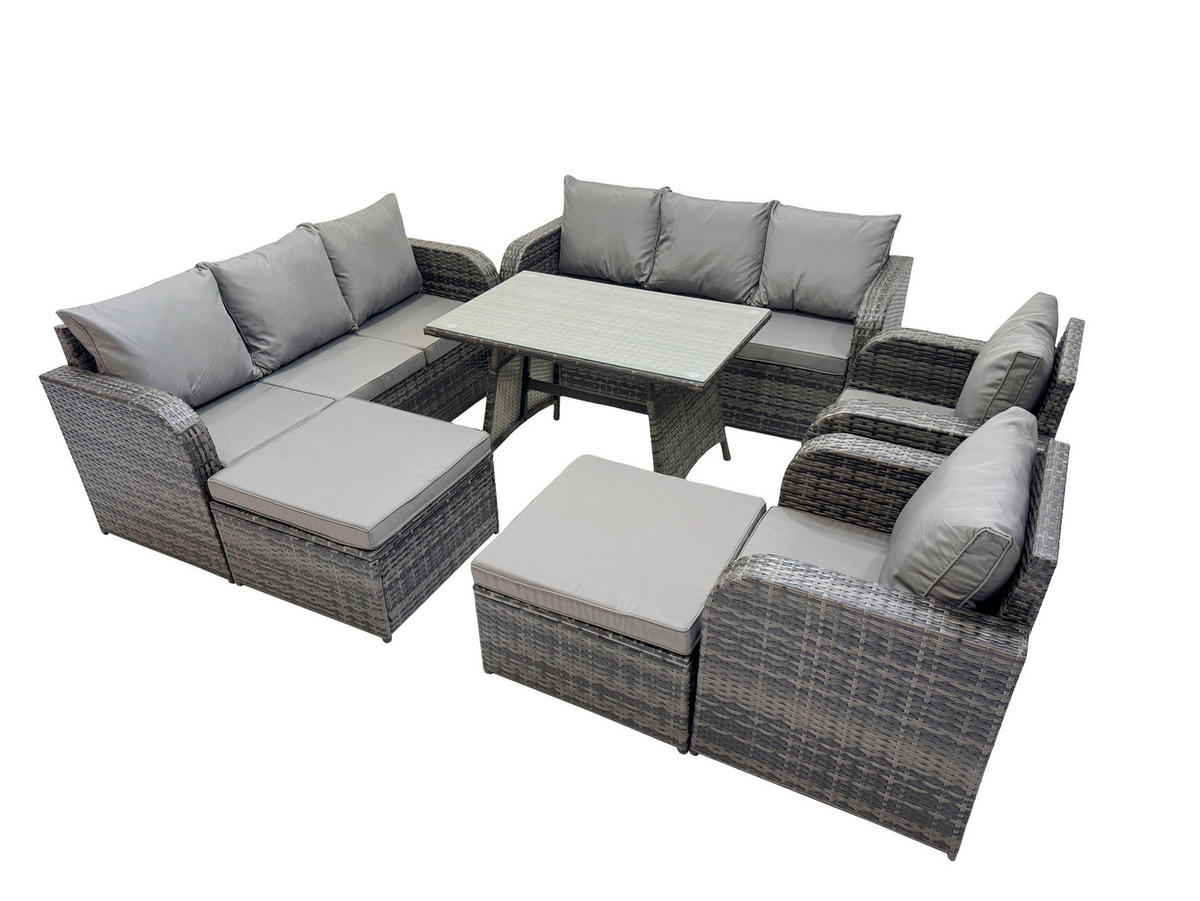 GARTENMÖBELSET mit ESSTISCH,SOFA Polyrattan 11-Sitzer - Dunkelgrau/Grau, Glas/Kunststoff - Fimous