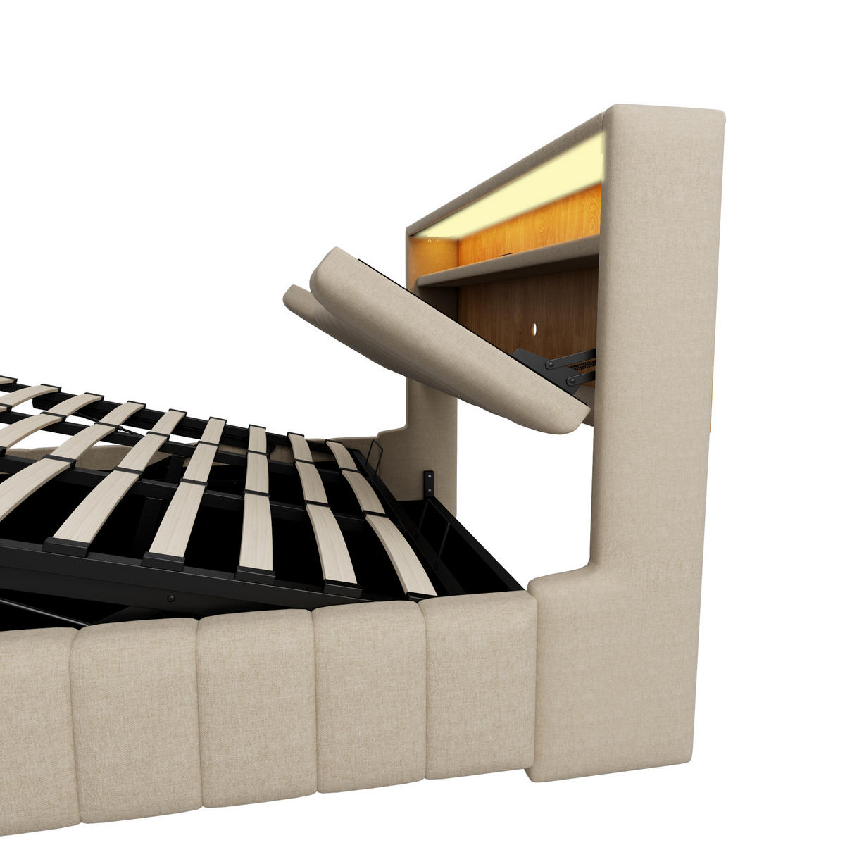 STAURAUMBETT 180/200 cm mit Hydraulik und LED, DE-41942, in Beige - Beige, Metall (180/200cm) - ComfortXL