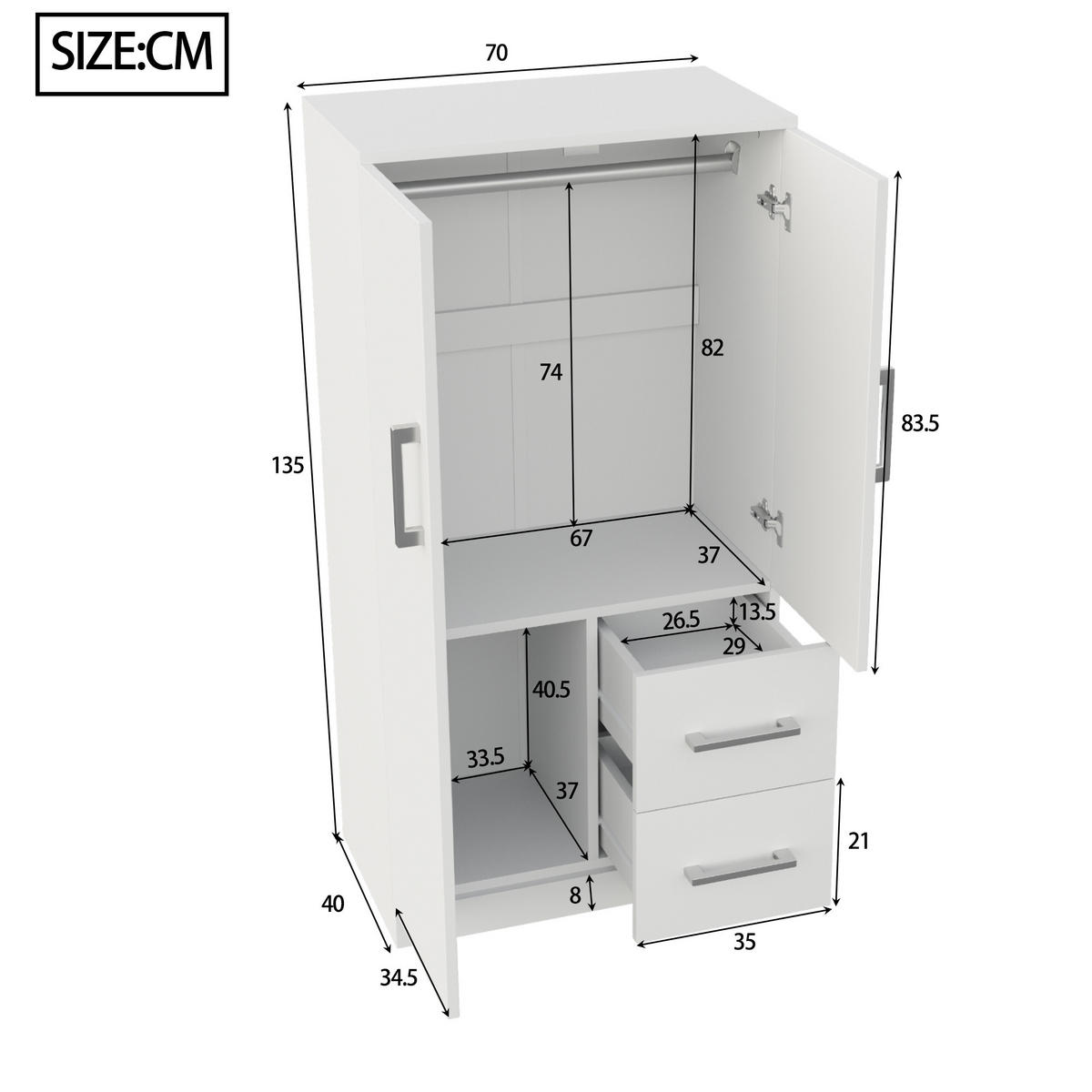 KLEIDERSCHRANK 70x40x135cm 2 Türen Schubladen Weiß - Weiß, Holz (70/135/40cm) - FLIEKS