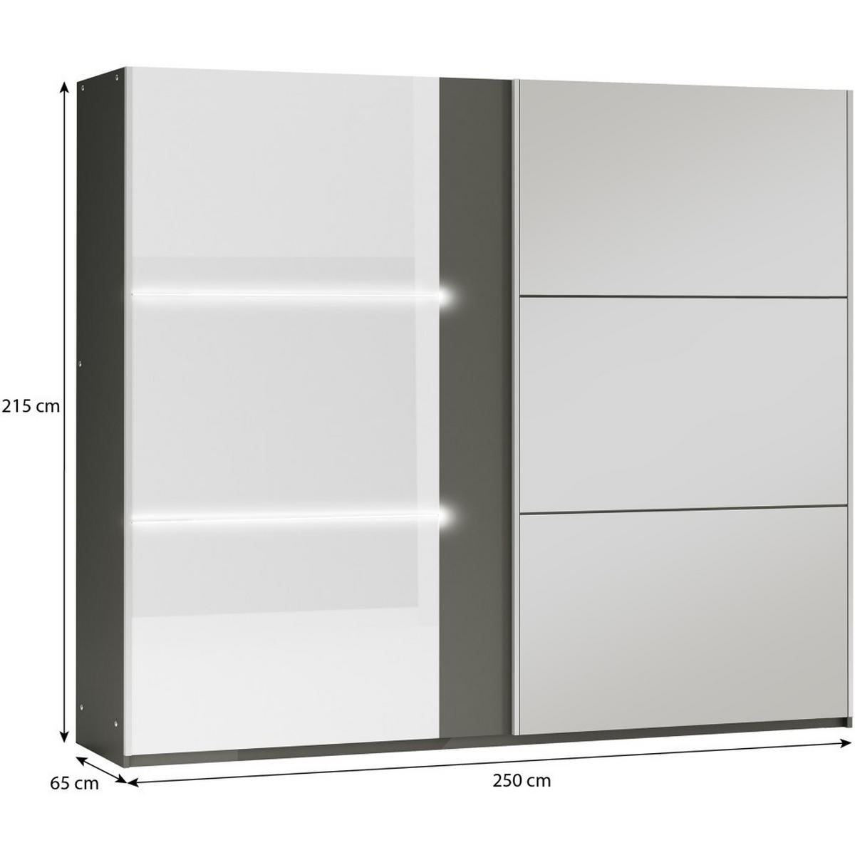 SCHWEBETÜRENSCHRANK Tessa mit 2 Türen und Spiegel, 250 cm, Graphit+Weiß - Graphitfarben/Weiß, Holzwerkstoff (250/215/65cm) - Beautysofa