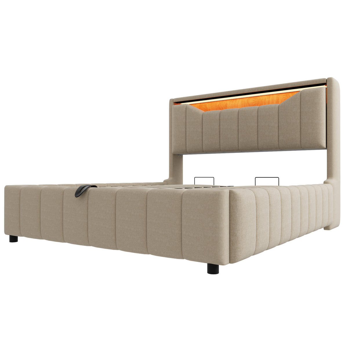 STAURAUMBETT 140/200 cm mit Hydraulik und LED, DE-41942, in Beige - Beige, Metall (140/200cm) - ComfortXL