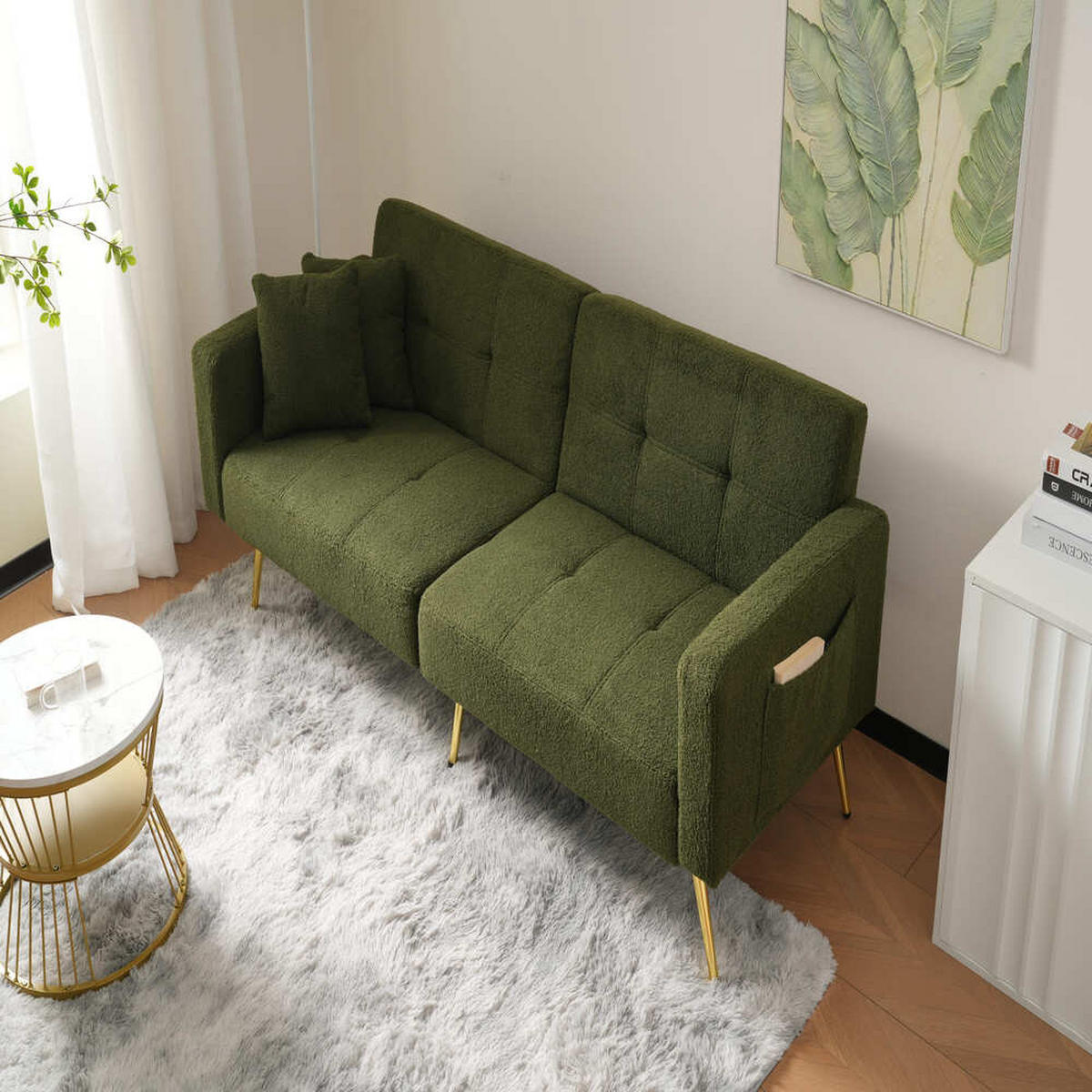 SOFA Schlaffunktion Verstellbar Goldene Beine Aufbewahrungstaschen Kissen - Grün, Holz (90.93/18.42/80.26cm) - FLIEKS