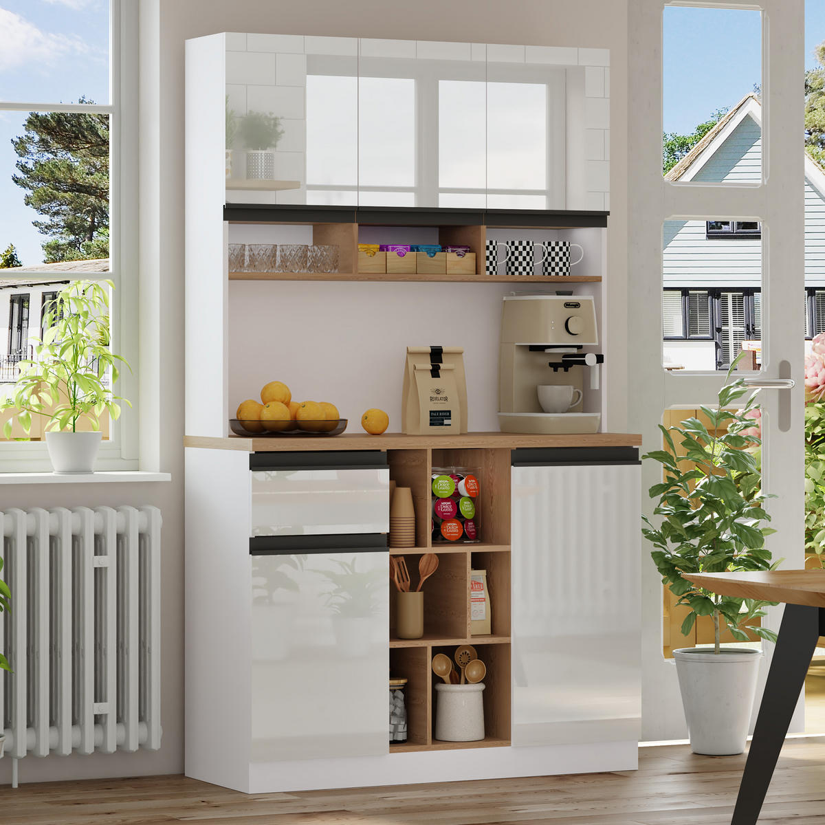 BUFFET 105/45/185 cm in Weiß Hochglanz mit Schublade und verstellbaren Böden - Weiß, Holzwerkstoff (105/185/45cm) - Flora Grace