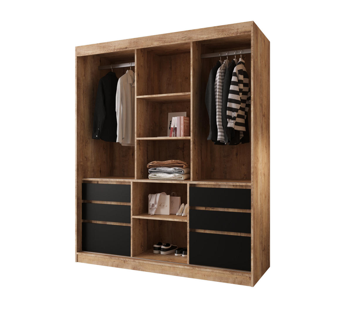 SCHIEBETÜRENSCHRANK PARMA 180, 2-türig Kleiderschrank mit 1 Spiegel, Moderne Garderobe, Schrank in Größe: 180 x 216 x 65 cm - Schwarz/Braun, Holzwerkstoff (180/216/65cm) - O-Sofa