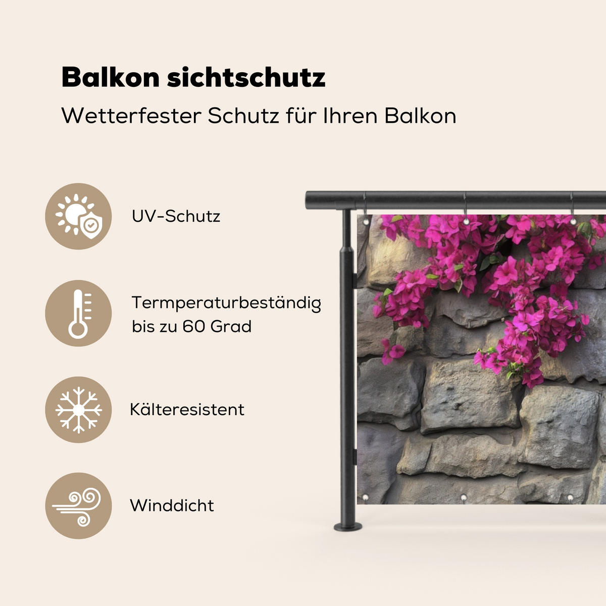 BALKON-SICHTSCHUTZ Bougainvillea - Steinmauer - Rosa - Magenta, Kunststoff (300/110cm) - MuchoWow