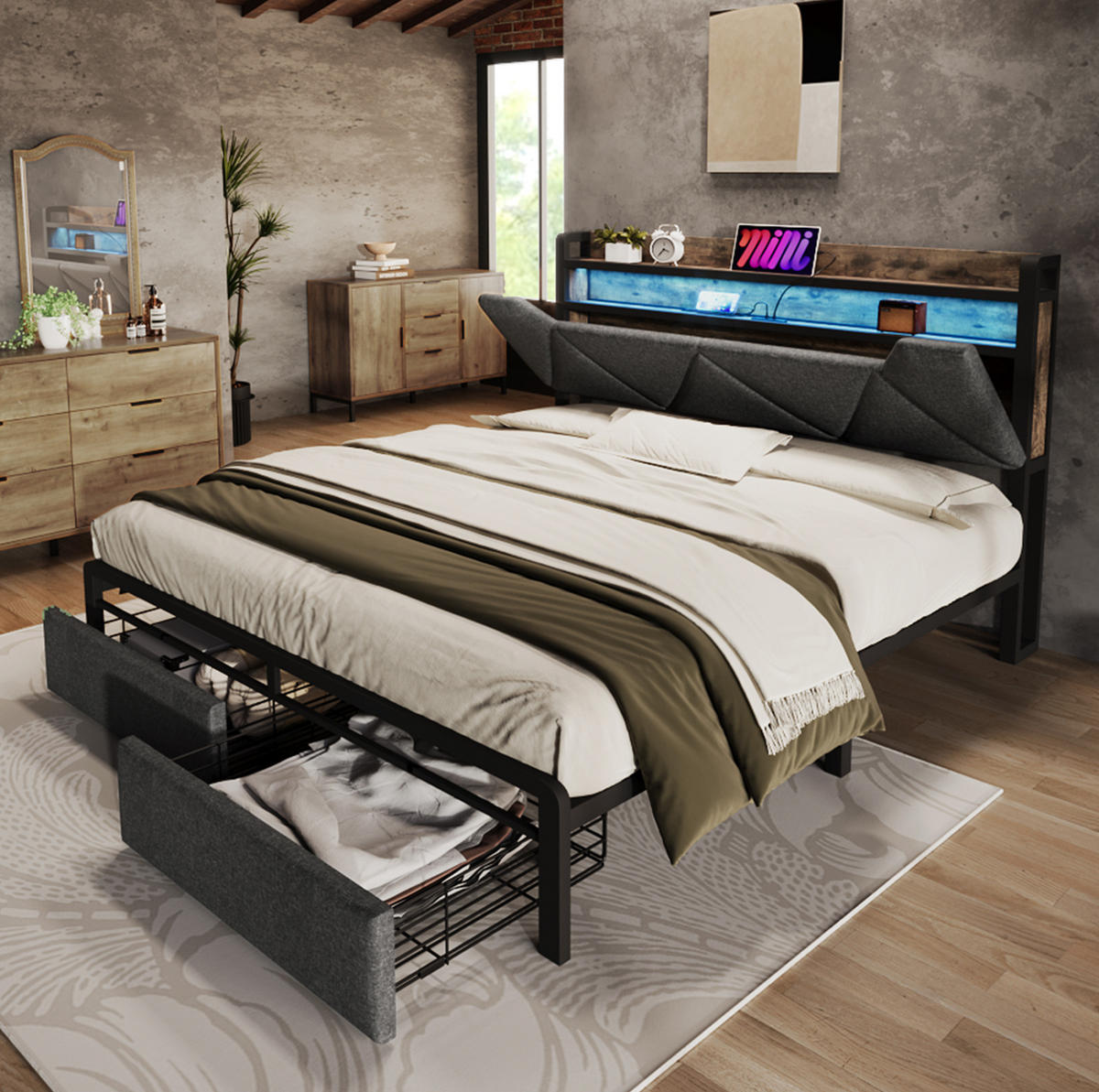 POLSTERBETT 160/200 cm mit LED-Beleuchtung, USB- und Typ-C-Anschluss, Matratze und Stauraum-Kopfteil und 2 Schubladen, Grau - Grau, Textil (160/200cm) - Redom