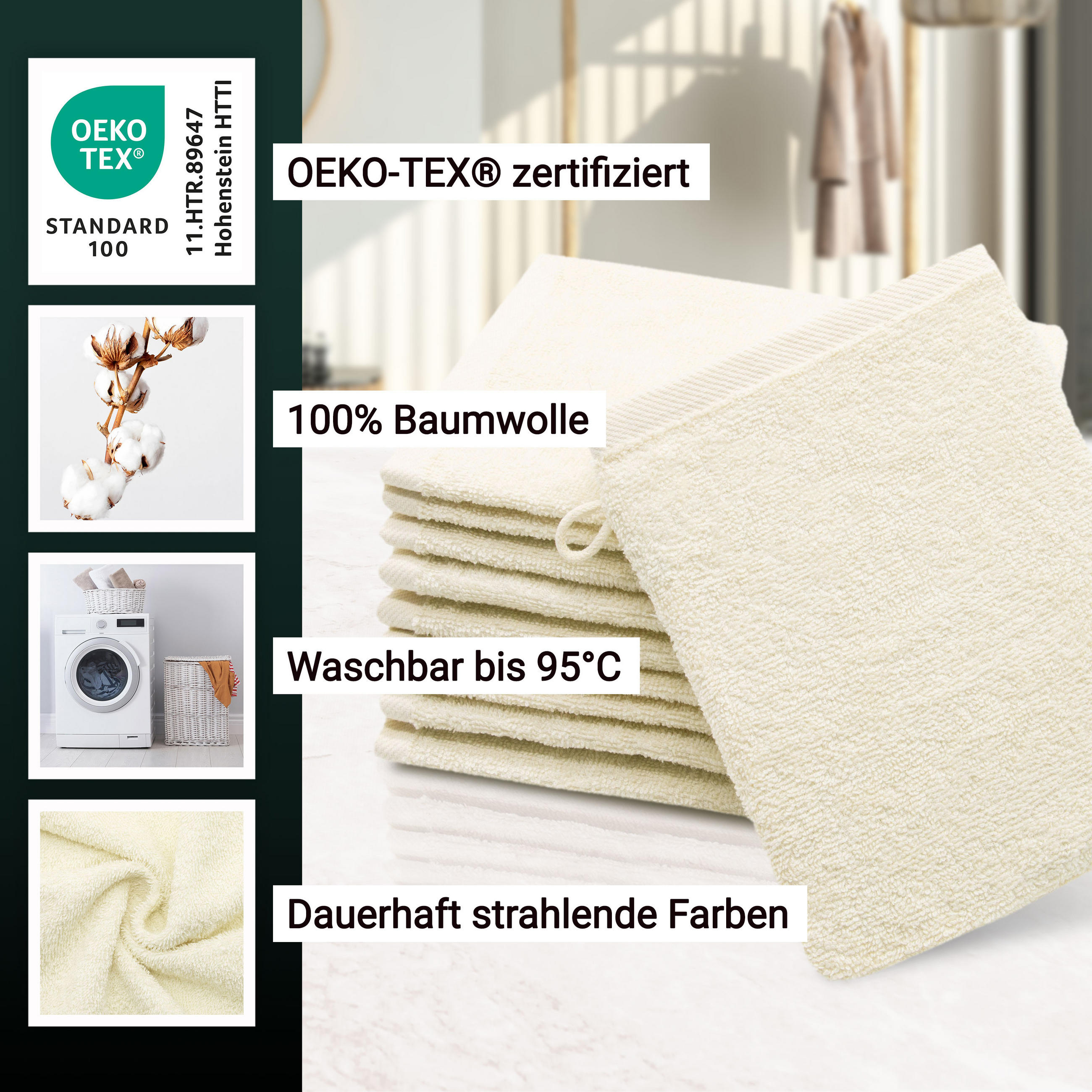 WASCHHANDSCHUH, 10er-Set, 16x21 cm, 100% Baumwolle, Weiß - Beige, Textil (16/21cm) - Zollner