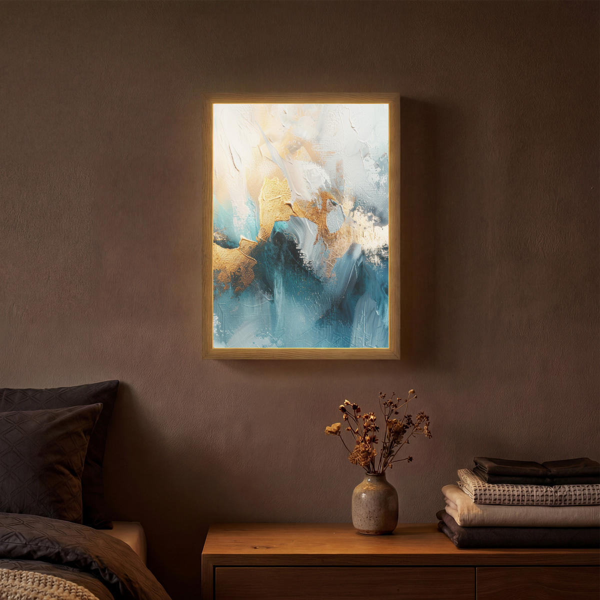 NÁSTĚNNÁ LAMPA S AKUMULÁTOREM Abstraktní - umění - zlatá - modrá 30x40 cm - tyrkysová, kompozitní dřevo (30/40/8cm) - OnlyWow