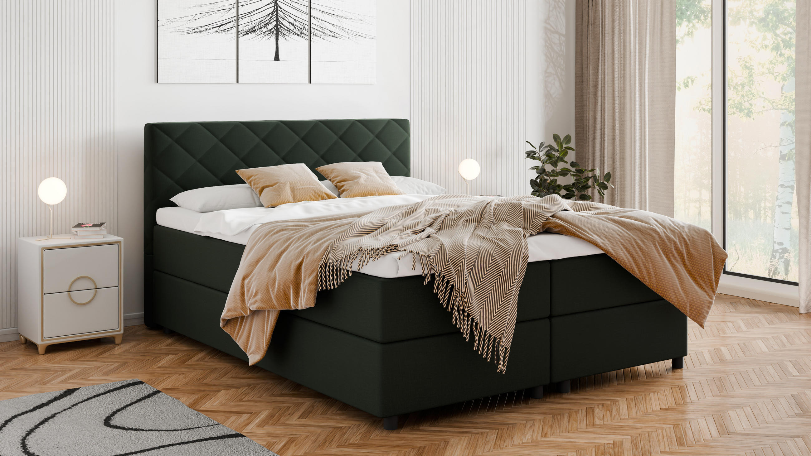 BOXBETT Diamaro 160x200 cm mit Bettkasten und Topper - Dunkelgrün - Grün, Holz (160/200cm) - Panda Möbel