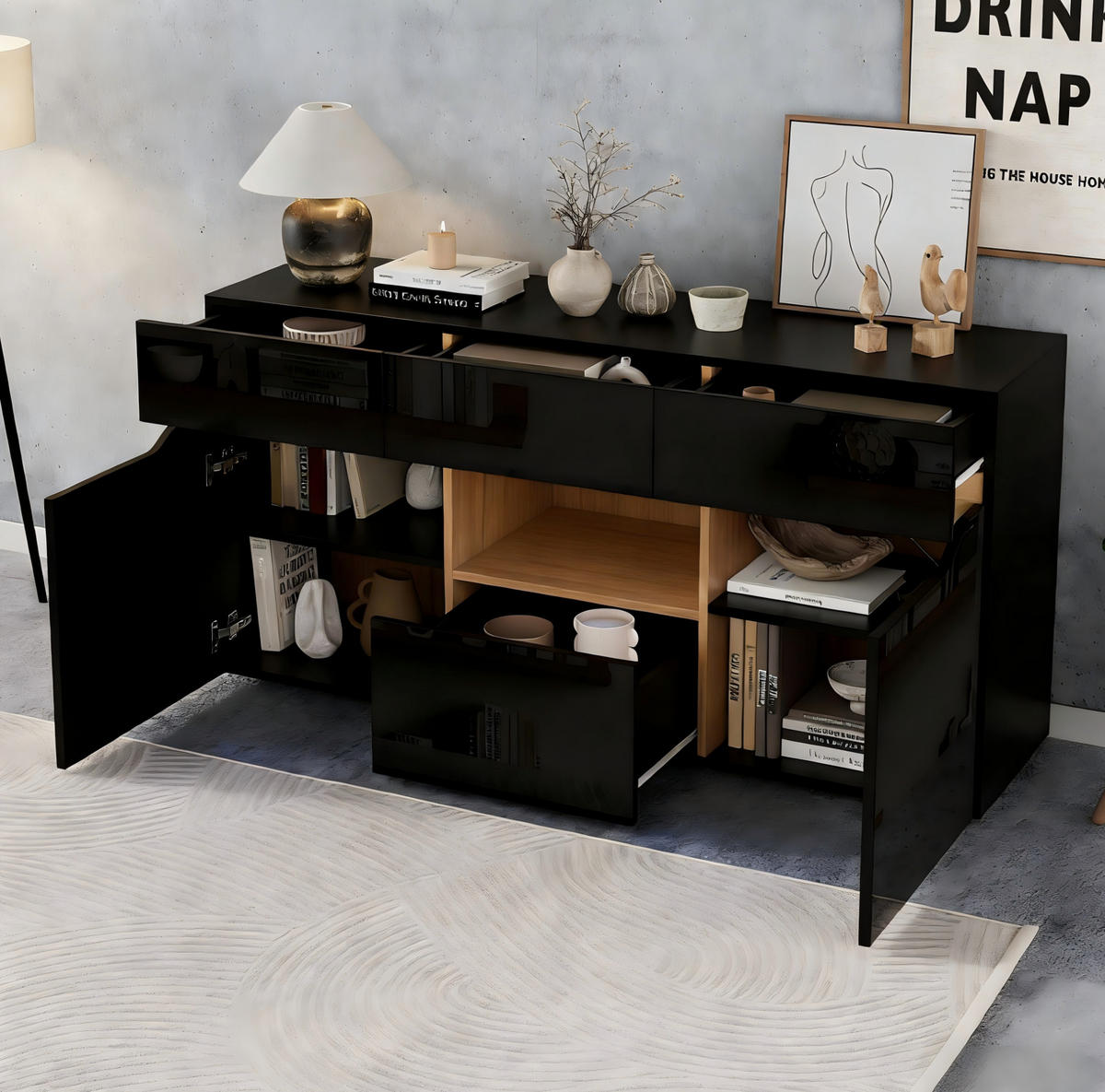 SIDEBOARD 140/40/70 cm in Schwarz/Natur mit 4 Schubladen und LED-Beleuchtung - Schwarz, Holzwerkstoff (140/70/40cm) - Flora Grace