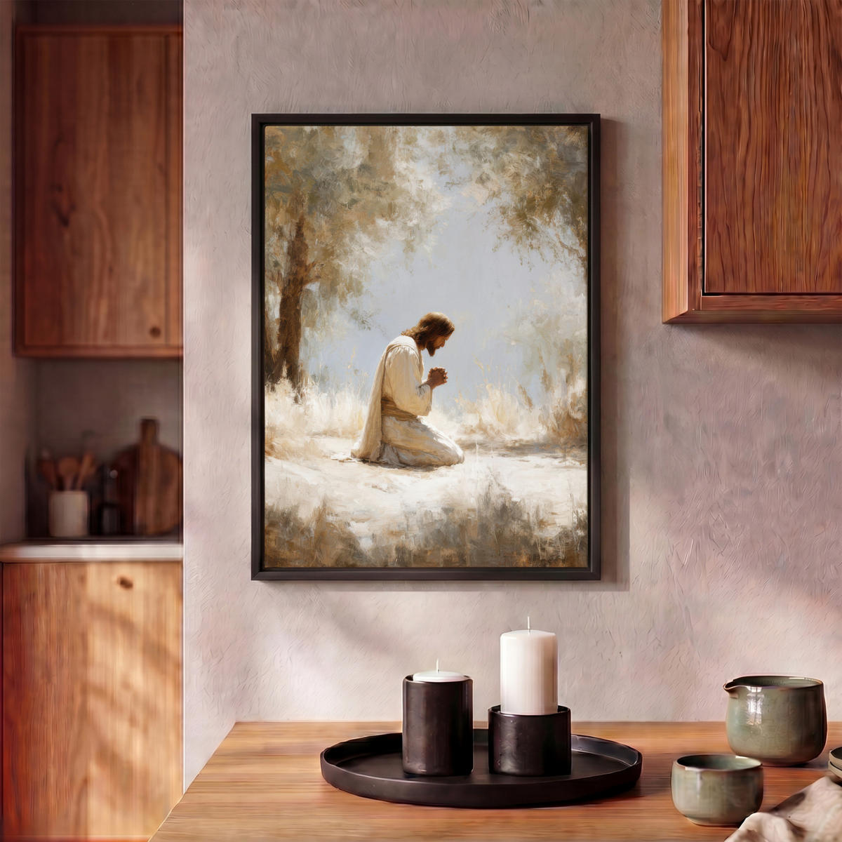 LEINWAND Bilder mit Rahmen - Jesus - Kniend - Waldlandschaft - Betend - 30x40 - Beige, Textil (30/40cm) - MuchoWow