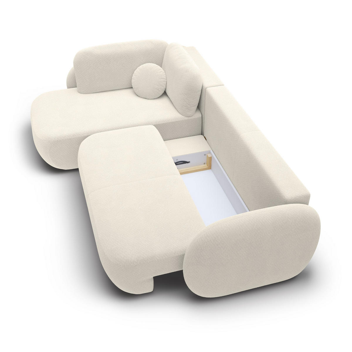 ECKSOFA AMICO II L-S Creme Geflochtener Stoff mit Schlaffunktion - Creme, Holz (289/190cm) - MASSENO