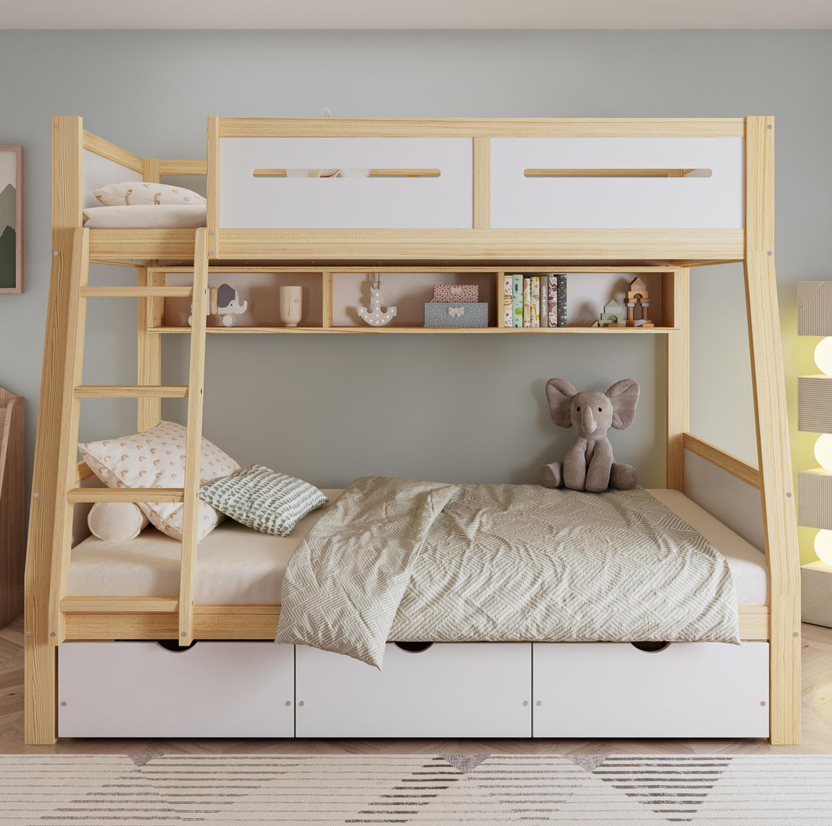 ETAGENBETT 90/200 cm und 120/200 cm mit 3 Schubladen, Bilderbuchregal und Trittleiter aus Kiefer/MDF, Weiß/Natur - Weiß, Holz (90/200cm) - Redom