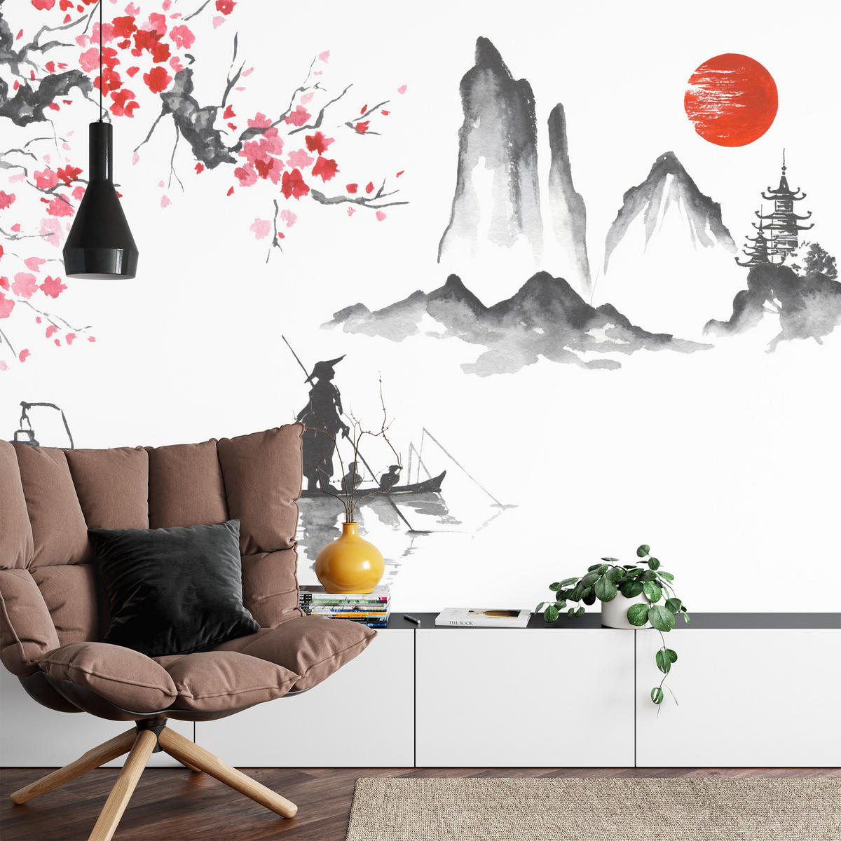 FOTOTAPETE Japanische Landschaft Aquarell 150x105 - Rot/Schwarz, Papier (150/105cm) - Muralo