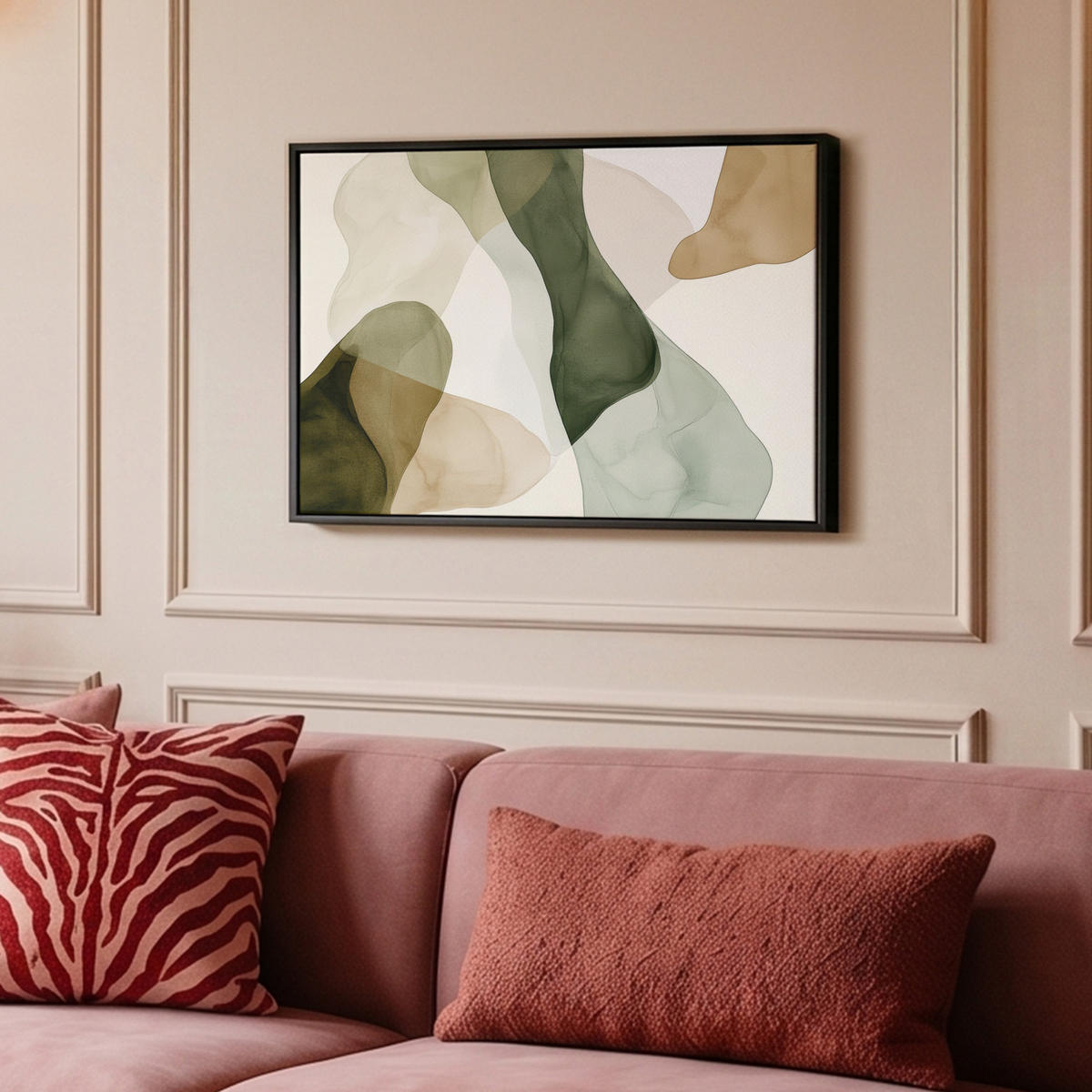 LEINWAND Bilder mit Rahmen - Japandi - Abstrakt - Grün - 60x40 - Salbeigrün, Textil (60/40cm) - MuchoWow
