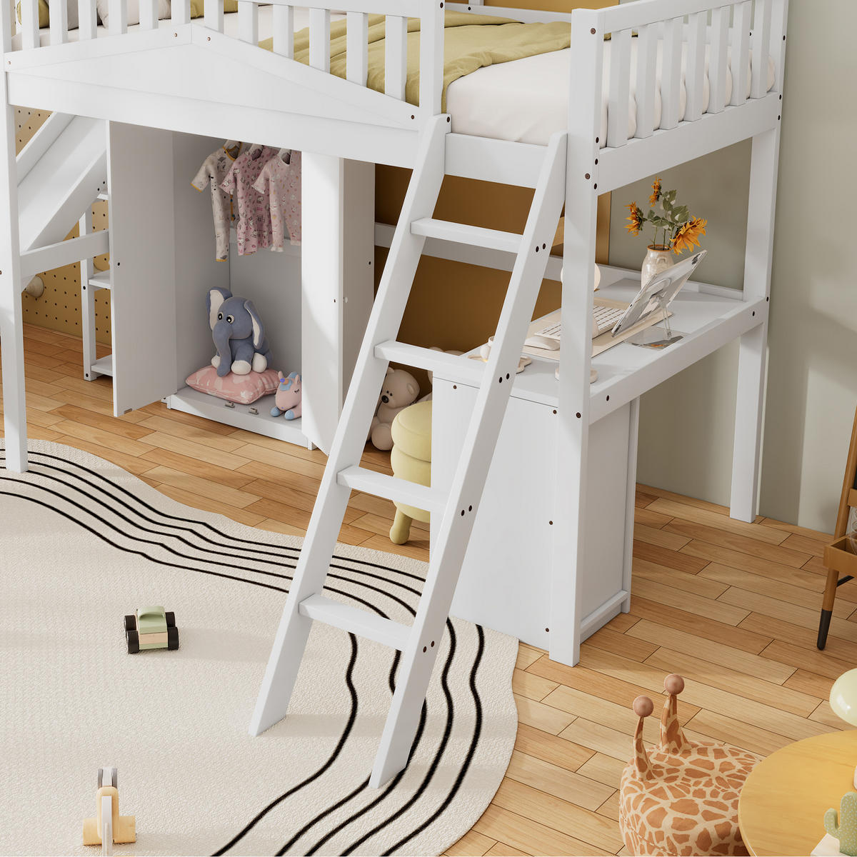 ETAGENBETT 90/200 cm Weiß mit Fallschutzgitter und Tisch aus Kiefer+MDF - Weiß, Holzwerkstoff (90/200cm) - OKWISH