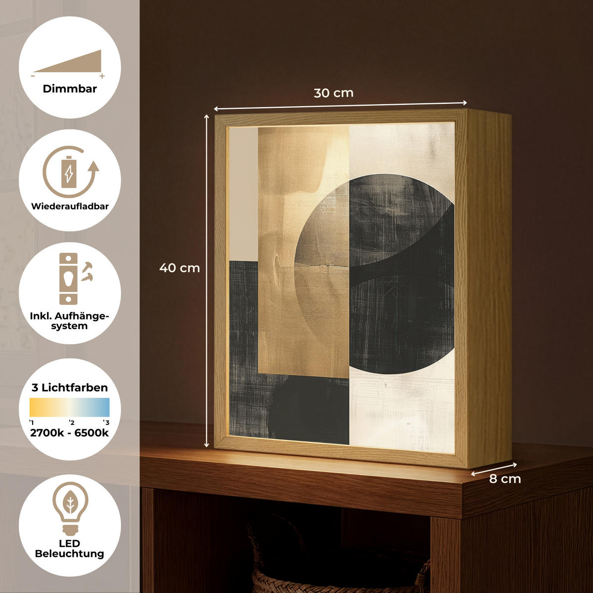 NÁSTĚNNÁ LAMPA S AKUMULÁTOREM Abstraktní - Moderní - Černá - Zlatá 30x40 cm - písková barva, kompozitní dřevo (30/40/8cm) - OnlyWow