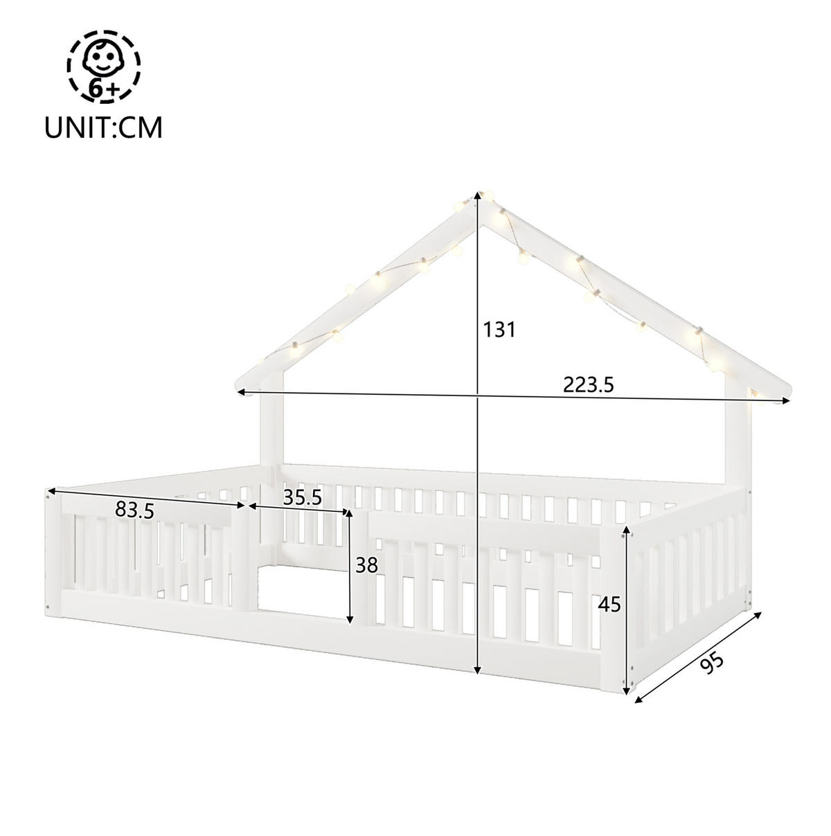 HAUSBETT 90x200 cm in Weiß mit Rausfallschutz und LED-Lichterkette - Weiß, Holz (90/200cm) - IVMEU